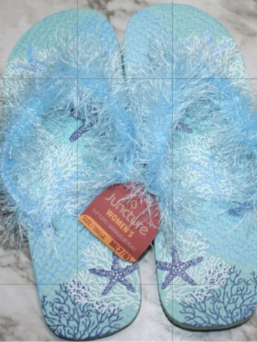 HAND CRAFTED Flip Flop Padded Thong Crochet Faux Fur Eyelash Turquoise Shoes